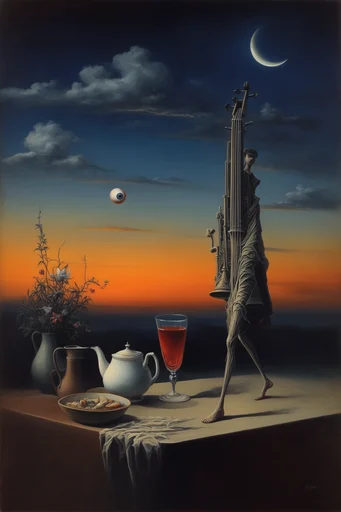 Cosmic Twilight Surrealism style reference image — twilight gradient sky