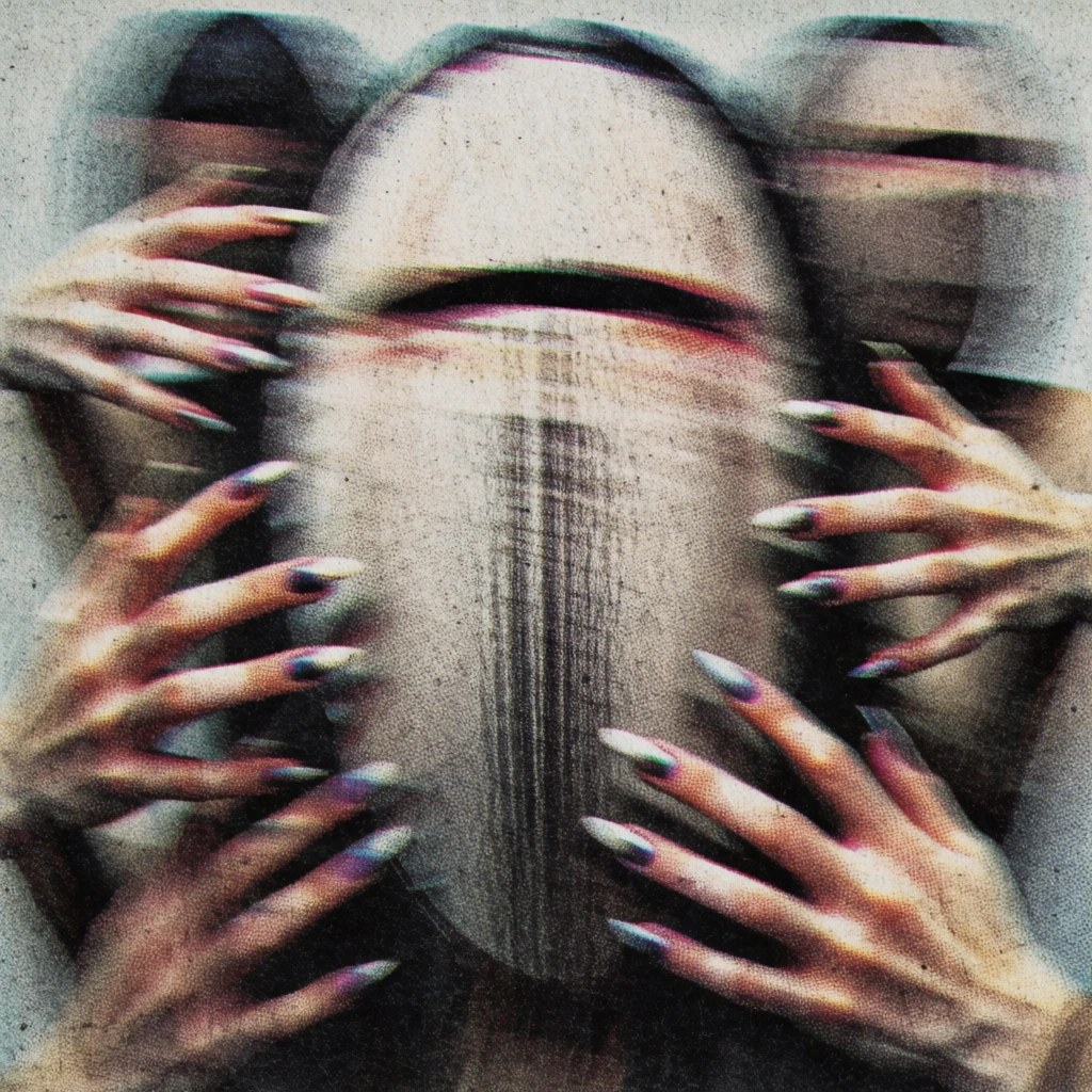 ultra-lo-fi cmyk halftone print aesthetic, extreme soft-focus blur with heavy analog grain, centered oval-shaped mask with narrow slit eyes, multiple reaching hands with long fingernails, muted palette of desaturated sage green and dark ochre, flat sage green border, ephemeral and haunting atmosphere, high-contrast silhouettes lost in thick offset texture, ethereal layered shadows, vintage magazine scan quality, diffused and hazy lighting, mysterious lo-fi experimental composition