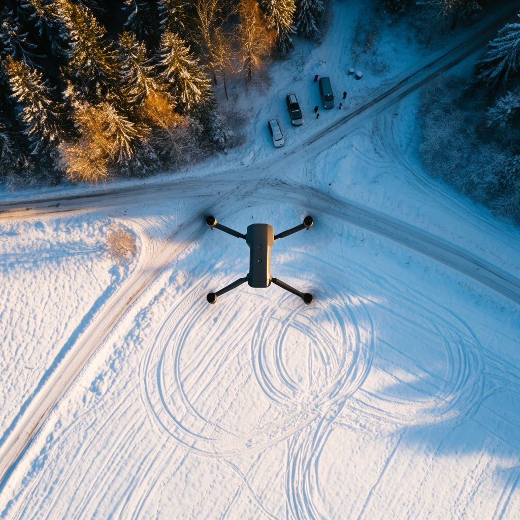 A dark quadcopter drone hovers mid-air against a snow-covered winter landscape viewed from a top-down aerial perspective. The flying drone features a rectangular body and four extended arms, positioned directly over a bright white field heavily textured with curved vehicle tracks. The snowy terrain is bisected by intersecting rural roads. At the upper edge where a dense evergreen forest begins, three vehicles are parked near a few tiny standing figures. Warm golden sunlight illuminates the upper left tree canopy, creating a striking color contrast with the deep, cool blue shadows stretching across the pristine snow. The bird's-eye composition sharply focuses on the airborne machine while capturing the sweeping scale of the crisp, freezing environment below.