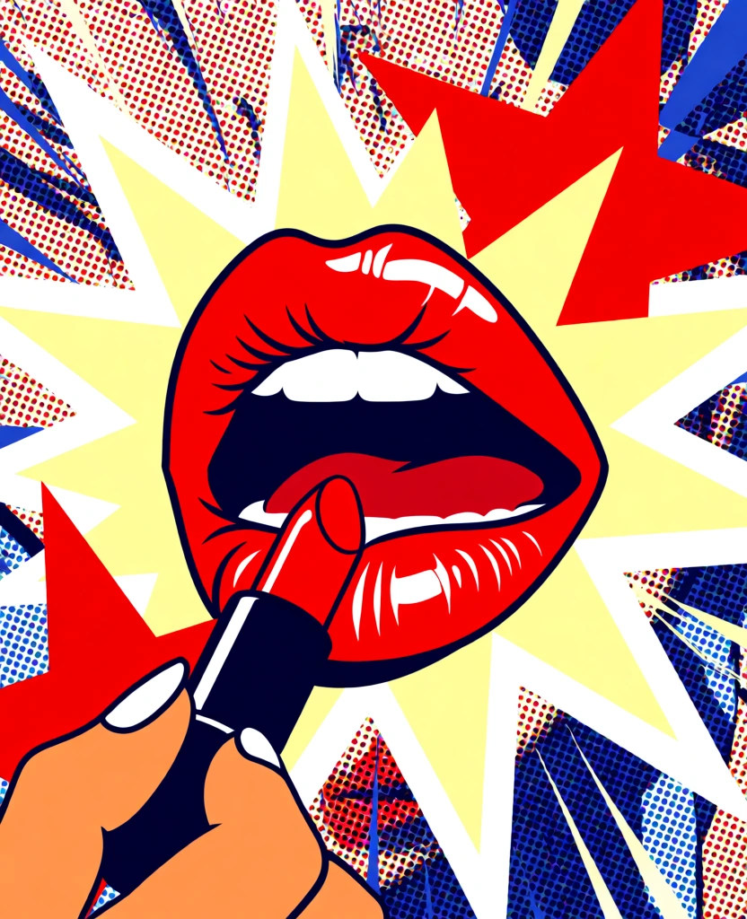 Pop art comic style illustration of a woman's open mouth with glossy bright red lips, white teeth visible, applying a red lipstick directly onto the lips. Bold black outlines, thick ink strokes, exaggerated shapes. Explosive comic background with sharp white burst lines, halftone dot texture, vibrant primary colors (yellow, blue, red). High contrast, clean vector-style illustration, Roy Lichtenstein inspired pop art aesthetic, modern graphic poster look, ultra sharp details, no realism, no photo texture.
