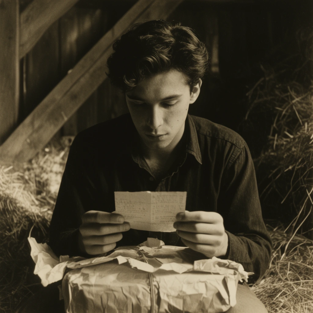 young man with dark wavy hair wearing a dark collared shirt, sitting in a dimly lit rustic barn, looking down at a small paper held in both hands, partially unwrapped parcel with crumpled paper in foreground, diagonal wooden beams and piles of dried hay in background, vintage sepia-toned medium shot, high contrast chiaroscuro lighting from the left, deep atmospheric shadows, soft focus 35mm film aesthetic
