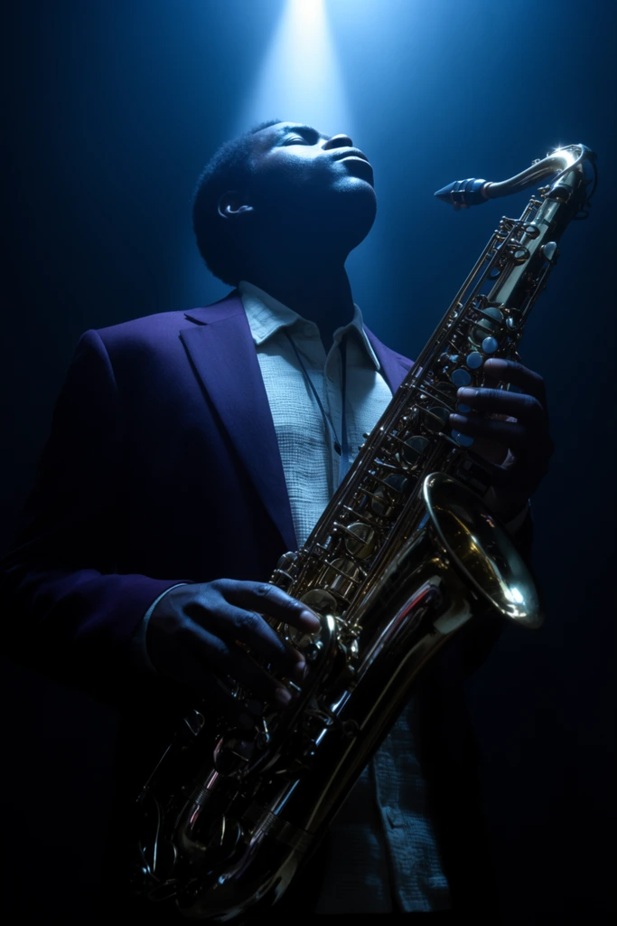 Black saxophonist looking into a brilliant overhead spotlight, holding a gleaming brass tenor saxophone, wearing a dark purple suit jacket over a light textured shirt, hands resting on the instrument keys, head tilted back, face cast in deep shadow with bright highlights, completely dark background, dramatic low-key lighting, cinematic blue color palette, strong chiaroscuro, sharp focus on metallic reflections, moody theatrical portrait photography