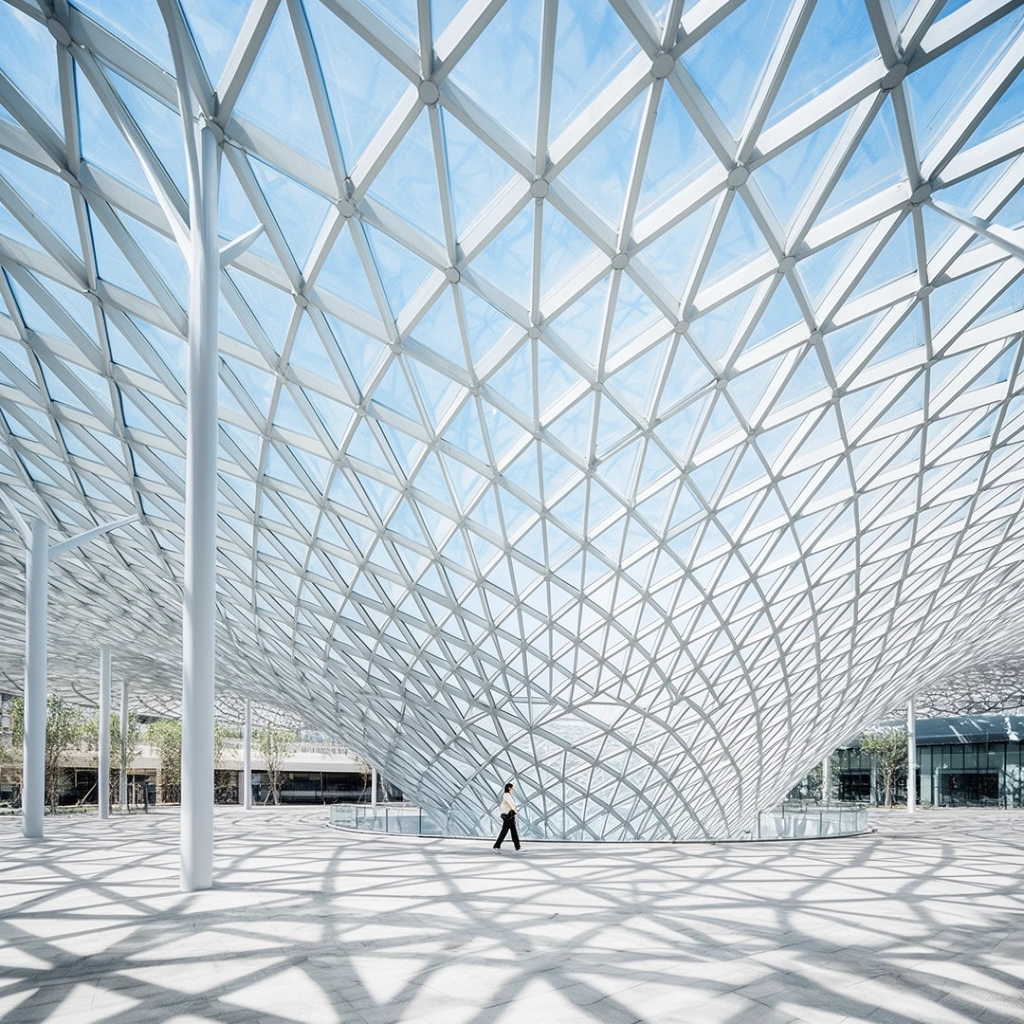 A sweeping futuristic canopy of glass and steel lattice descends into a massive ground-level funnel. Slender white columns support the transparent roof against a blue sky, casting intricate triangular shadows across the sunlit plaza. A solitary pedestrian provides scale near the vortex base within this bright, high-key architectural space.