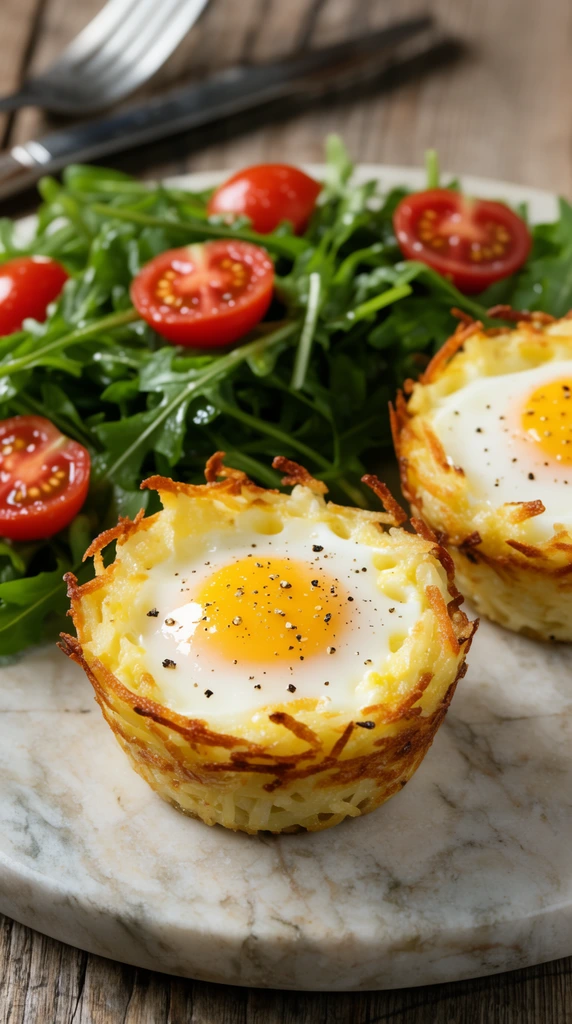 Two baked egg and hash brown cups rest on a veined marble board beside an arugula and cherry tomato salad. The crispy golden-brown shredded potato nests hold softly set eggs dusted with coarse black pepper. Glossy red tomato halves sit atop the vibrant greens. In the softly blurred background, a rustic wooden table features metallic cutlery in the upper left. Captured with macro food photography and a shallow depth of field, warm natural lighting accentuates the glistening yolks and crunchy food textures.