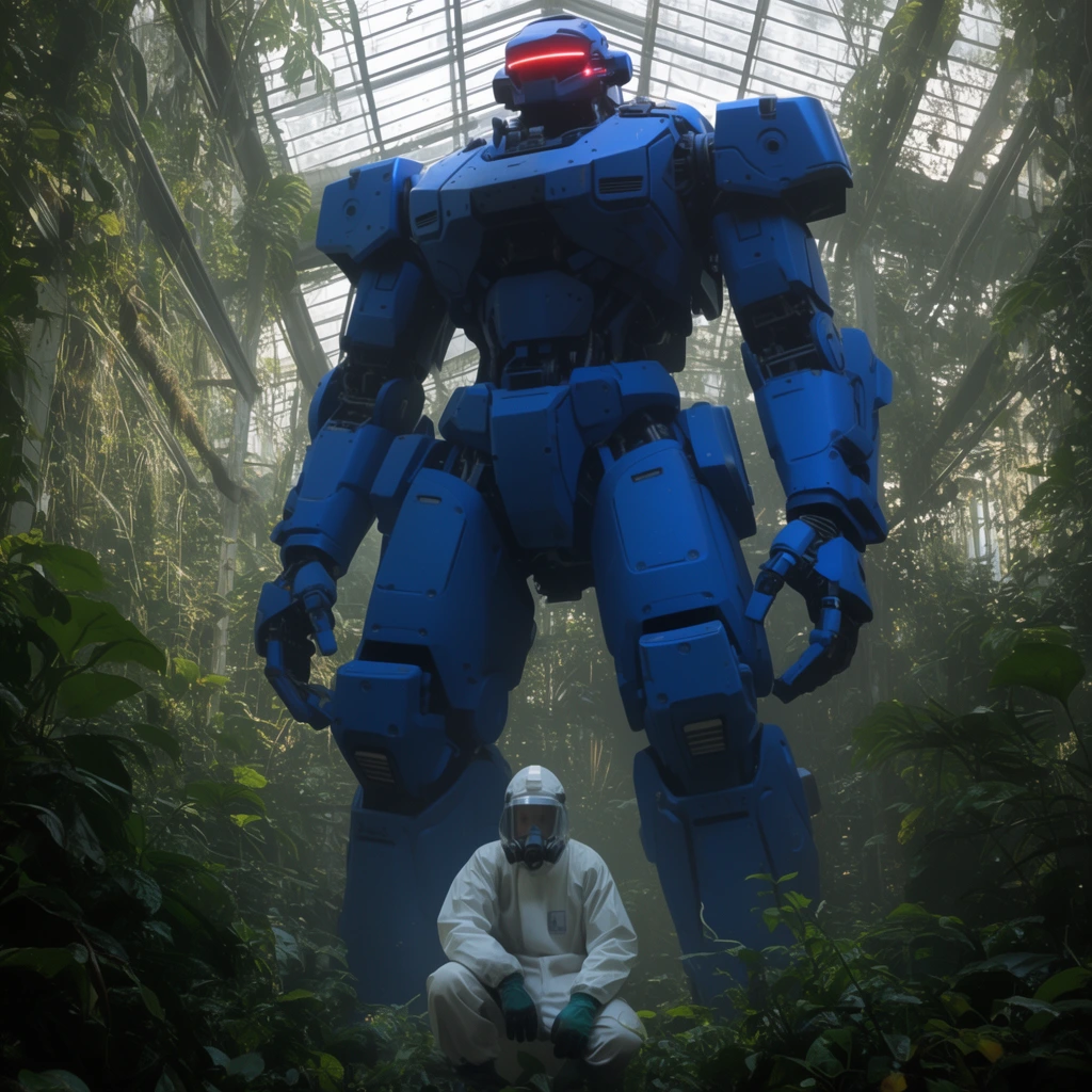 massive matte blue mecha, glowing red visor, towering in overgrown greenhouse, crouching person in hazmat suit, cinematic low-angle lighting