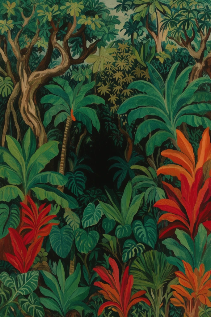 dense tropical jungle painting, oversized emerald green foliage, thick twisted tree trunks, vibrant red and orange broad leaves, dark central clearing, naive art style, flat brushwork, tapestry-like botanical composition