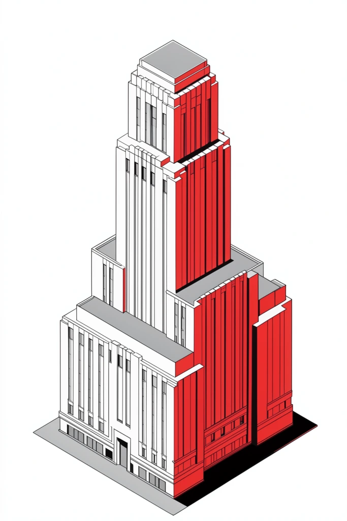 An isometric architectural illustration of a tiered Art Deco skyscraper complex against a solid white background. The minimalist geometric design features white facades with thin black outlines, vibrant red shading on right-facing vertical planes, and flat gray rooftops and base shadows.