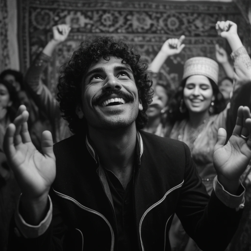 joyful man looking upward with a broad smile, dark curly hair and mustache, wearing a dark jacket with light piping, hands raised with open palms, sharp foreground focus, blurred energetic crowd dancing with raised arms in the background, woman wearing a cylindrical hat, intricate patterned tapestry on the wall, black and white photography, cinematic lighting, shallow depth of field, candid festive moment