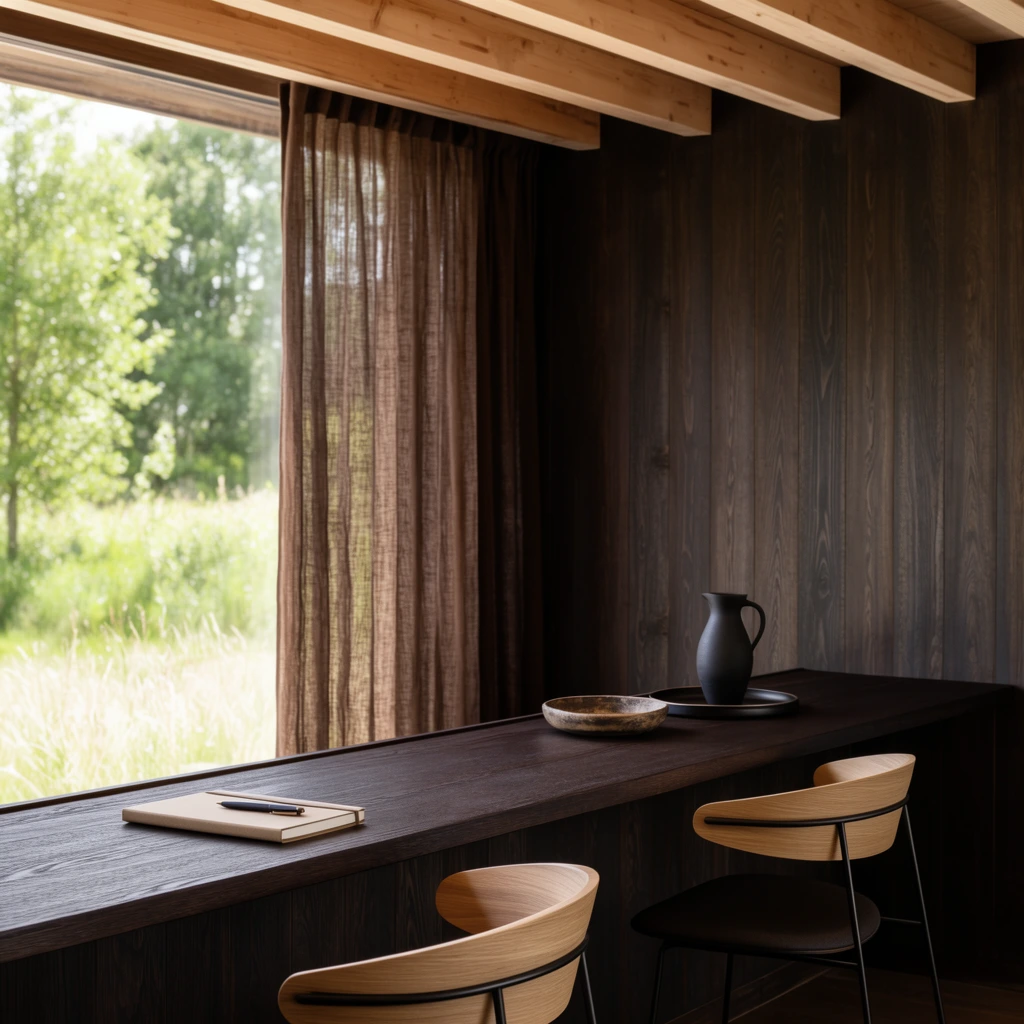 A long, dark espresso wooden desk spans an interior space beneath exposed light wood ceiling beams. The textured counter holds a closed beige notebook, a dark pen, a rustic shallow bowl, and a matte black pitcher on a round tray. Two modern chairs with curved light oak backrests and thin black metal legs sit in the foreground. Beside the desk, a large window partially draped in sheer brown linen reveals a bright, softly blurred landscape of lush green trees and tall grass. Dark vertical wooden wall planks contrast with the intense natural daylight spilling inward, emphasizing rich material textures, sharp wood grains, and deep shadows.