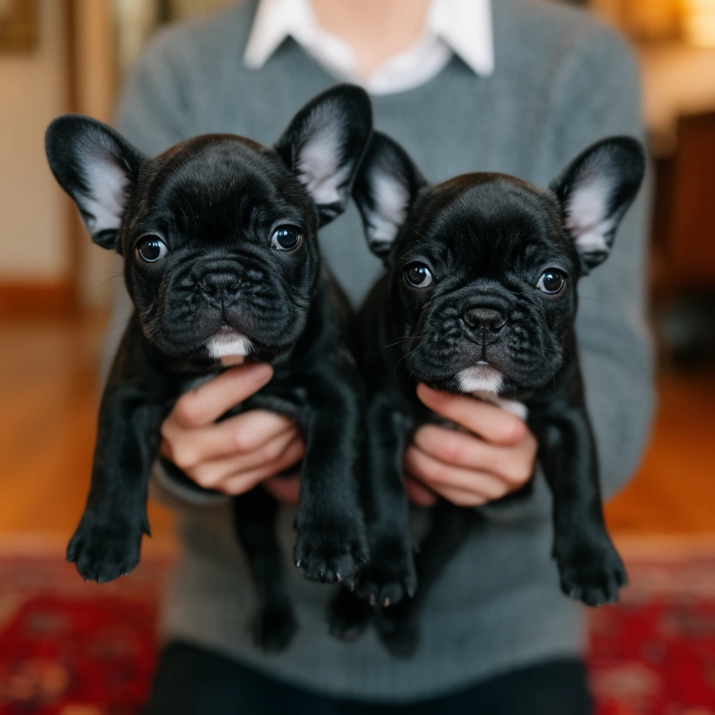 Two black French Bulldog puppies are held toward the camera by a person's hands. The puppies feature glossy coats, deeply wrinkled faces, upright ears, small white patches on their chins, and dangling paws. Behind them, a heavily blurred figure wears a grey sweater over a white collared shirt. The warm indoor background includes an out-of-focus hardwood floor and a red patterned rug. A shallow depth of field keeps the puppies' bright eyes and textured snouts in crisp focus.