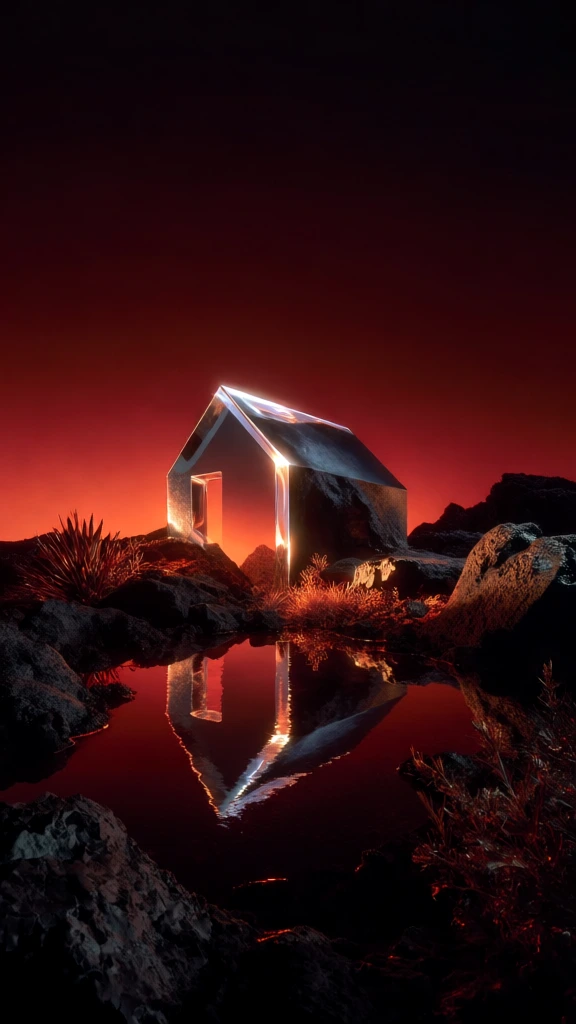 minimalist gabled house silhouette acting as a monolith, reflecting perfectly in a still pool of black water, set amidst dark jagged volcanic rocks and sparse desert flora, dramatic low-angle composition, intense red and orange backlighting creating a fiery horizon against a deep obsidian sky, ethereal rim lighting highlighting sharp architectural edges, high-contrast cinematic style, surreal atmosphere, deep crimson and black color palette, hyper-realistic textures