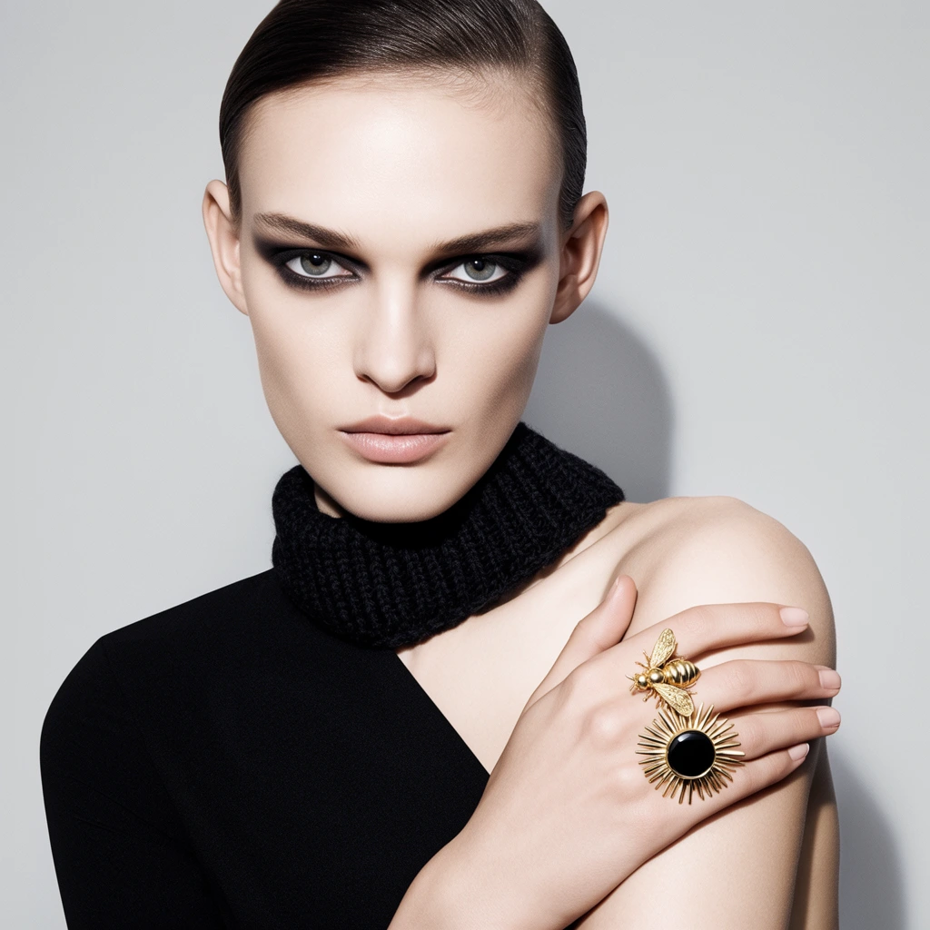 fair-skinned model making direct eye contact, dark smoky eyeshadow, sleek pulled-back hair, asymmetrical black garment with a bare left shoulder, thick black knit turtleneck collar, hand resting elegantly on the opposite shoulder, oversized gold double-finger ring featuring a sunburst with a prominent black center stone and an intricate gold bee motif, solid light grey studio background, soft cast shadow, high fashion editorial photography, stark color contrast, crisp studio lighting