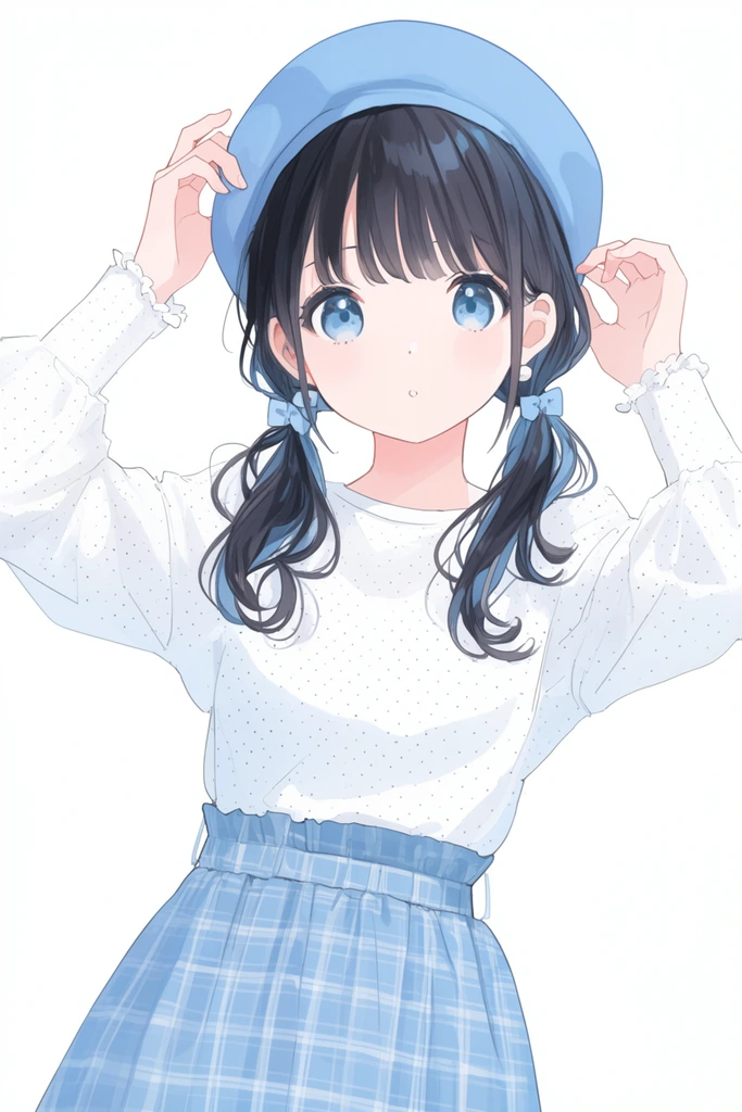 Anime illustration, young girl adjusting blue beret, dark hair in pigtails, large blue eyes, white dotted long-sleeve top, blue plaid skirt, pastel colors, white background