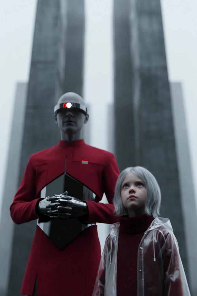 A bald android in a crimson tunic stands beside a silver-haired girl against a blurred brutalist backdrop. The android features a glowing optical visor and clasped metallic hands resting on obsidian geometric chest plating. To the lower right, the girl gazes sharply upward, wearing a translucent polymer rain slicker over a thick maroon sweater. Framed in a cinematic, low-angle medium shot, they occupy a hazy, slate-gray environment dominated by towering vertical concrete megaliths. The scene features a shallow depth of field, crisp foreground focus, and stark monochromatic color grading punctuated by vivid red accents, creating an austere, minimalist science-fiction aesthetic.