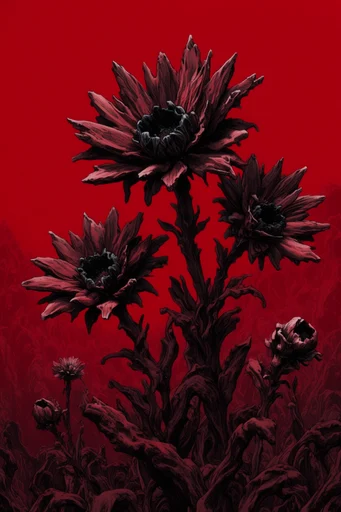 Crimson Noir Surrealism style reference image — minimalist cosmic landscape
