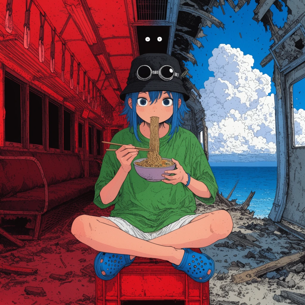 youth sitting cross-legged on a red crate eating noodles with chopsticks, blue hair, black bucket hat with round goggles, oversized green t-shirt, white shorts, blue perforated clogs, bisected ruined train car environment, left side is a dark red-lit interior with passenger seats and hanging straps, right side is torn open to a bright blue sky with a large cumulus cloud over the ocean, glowing white eyes in a dark vent, scattered debris, intricate manga illustration style, heavy stippling, vivid red and blue color contrast, highly detailed line art, surreal apocalyptic tone