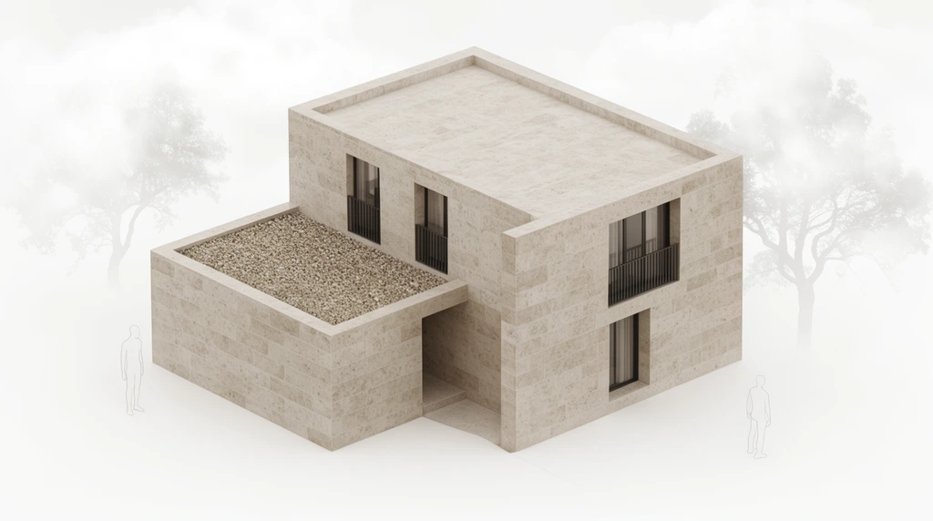 axonometric architectural render of a minimalist modern house, monolithic textured beige stone facade, L-shaped flat roof, lower roof section covered in rough aggregate, recessed entrance, dark metal window balconies, ethereal white background, faint translucent tree silhouettes, soft white fog clouds, thin wireframe human figures, soft diffused lighting
