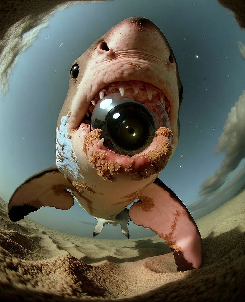 low-angle extreme fish-eye perspective, 8mm ultra-wide lens, massive barrel distortion, a shark’s snout positioned inches from the lens, one pectoral fin reaching aggressively toward the viewer, tactile sand grains clinging to skin, gritty coarse textures, sandy seabed below, dark starry night sky with wispy clouds, late 90s skate-photography aesthetic, high-contrast hard lighting, raw film grain, desaturated cyan and warm earth tones, kinetic and raw atmosphere.