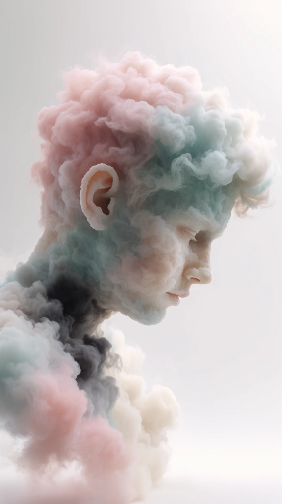 A profile sketch of a boy's head and neck, looking downward to the right, rendered as a hyper-realistic formation of dense, billowing volumetric clouds. The tightly clustered, pillowy smoke plumes construct the linear contours and shading of the drawing, blending seamlessly through a soft pastel palette of blush pink, pale teal, crisp warm white, and deep charcoal grey. Soft, diffused ambient lighting illuminates the vaporous textures, creating subtle volumetric gradients that give the suspended form a bold, sculptural presence. The smoky silhouette floats within a stark, brightly lit, minimalist white environment with smooth, infinite gradients. Sharp, photographic clarity captures ultra-fine details in the curling, ethereal wisps of the vapor, combining the visual aesthetic of a surreal, large-scale installation artwork with pristine, commercial-grade architectural rendering.