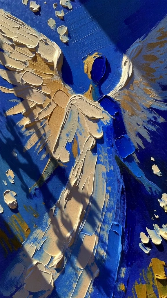 ultra-textured impasto painting style, heavy palette knife strokes with thick ridges, celestial angel with expansive feathery wings and a long flowing robe, vibrant ultramarine blue and warm cream gold palette, dramatic high-contrast lighting, graphic shadow of a tree cast across the central figure, minimalist yet expressive form, tactile sculptural aesthetic, rich cobalt background, chunky dabs of light paint, thick oil paint texture, bold and gestural composition.