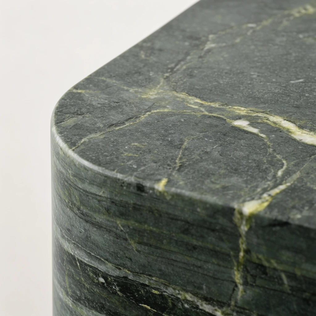 macro close-up of a thick dark greenish-grey stone slab, smooth rounded corner of a solid block, prominent natural veining in pale yellow-green and white, subtly polished matte surface texture, horizontal geological strata lines visible along the vertical curved edge, flat expansive top plane, soft diffused lighting highlighting surface imperfections and mineral variations, shallow depth of field, clean off-white background, minimalist composition, high-resolution textures