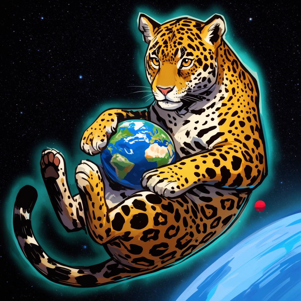 A stylized digital illustration of a spotted jaguar floating in outer space, cradling a miniature Earth against its belly. The golden feline features bold outlines and a glowing teal aura against a black, star-speckled background. A large blue planet's edge sits at the bottom right near a tiny red sphere, rendered with vibrant, comic-book shading.