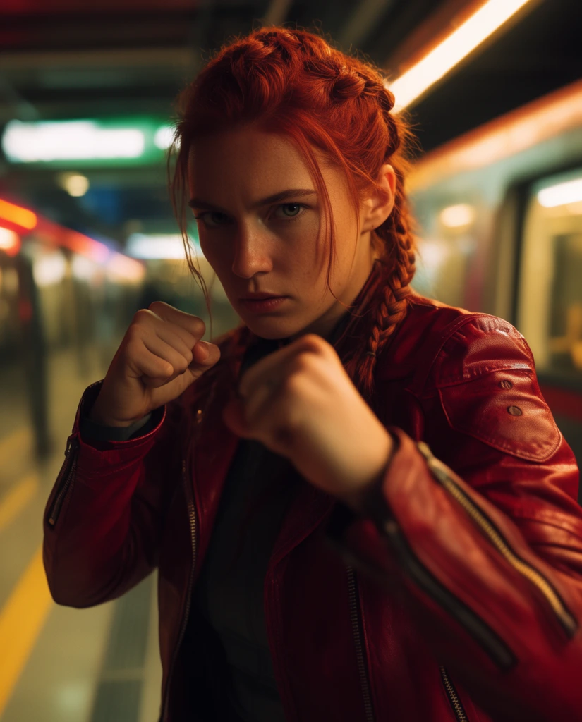 An athletic woman with braided red hair and a crimson leather jacket holds her raised fists in a dynamic combat stance. Warm, dramatic lighting highlights her intense facial expression and casts deep shadows across her features. The heavily blurred background displays a brightly illuminated futuristic subway platform, utilizing a shallow depth of field to isolate the central figure against glowing neon light sources.
