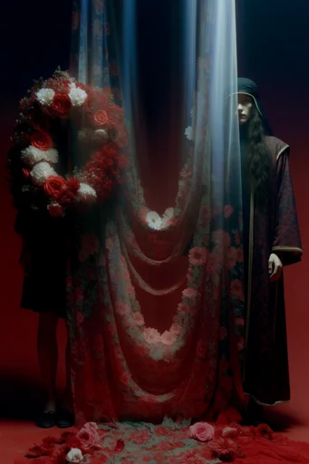 Crimson Gothic Opulence style reference image — uncanny theatrical portraiture