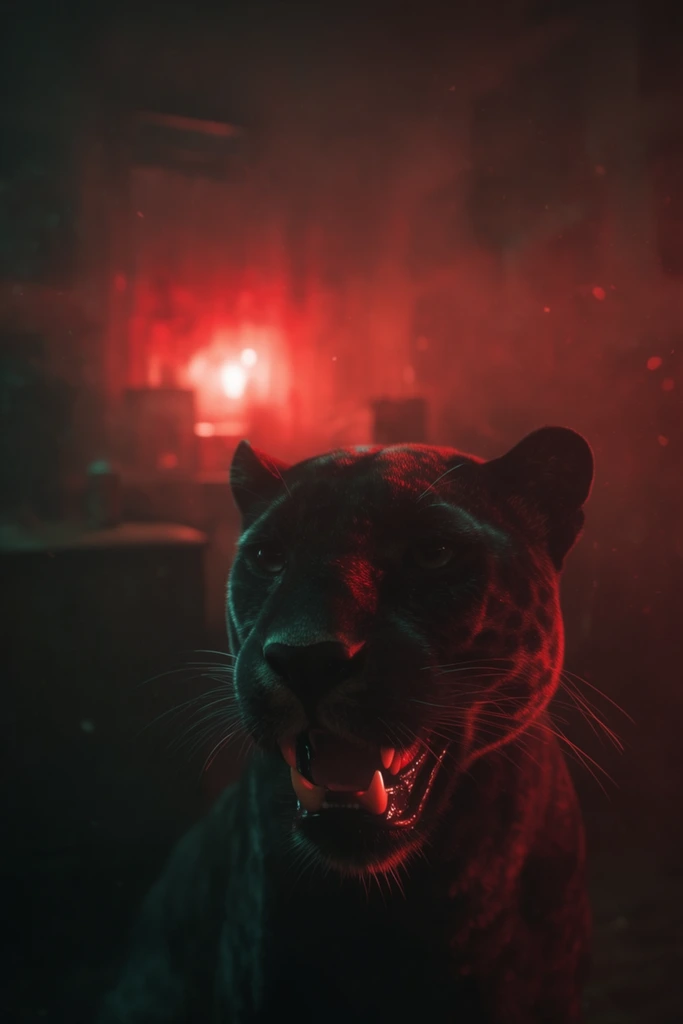 A close-up of a panther with a slightly open mouth revealing sharp teeth and whiskers, set against a heavily blurred room engulfed in dense atmospheric smoke and intense crimson and teal cinematic lighting. The panther dominates the foreground, its dark, sleek fur reflecting stark, dual-toned illumination, catching deep cyan highlights on the shadowed edges and a fierce, highly saturated red glow on the illuminated side. Its fine, taut whiskers and glossy teeth are sharply rendered, catching precise glints from the dramatic backlighting. The background is an out-of-focus interior space swallowed by crushing, pitch-black shadows and thick, volumetric fog. A radiant, fiery red light source blazes from the depths of the blurred room, creating a heavy optical bloom effect that aggressively tints the surrounding haze. Floating dust motes and luminous particles drift through the air, illuminated by the vivid red glow. The visual execution relies on a high-contrast chiaroscuro technique with a gritty, moody color palette, matching the aesthetic of a hyper-realistic, high-fidelity digital concept render with profound atmospheric depth and a very shallow depth of field.