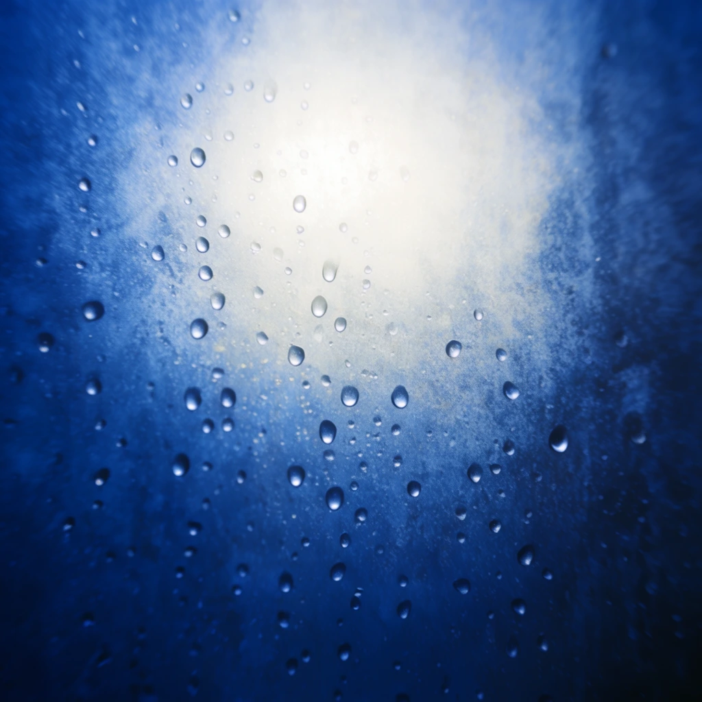 Scattered water droplets cling to a transparent pane against a distressed, deep blue background. A heavily diffused, bright white light radiates from the upper center, creating a glowing, hazy gradient that fades into shadowed blue edges. Captured through a macro lens, a shallow depth of field keeps central droplets crisp while softening the periphery with subtle radial blur. The striking contrast between the sharp, spherical moisture beads and the gritty, atmospheric illumination yields an ethereal, abstract composition.