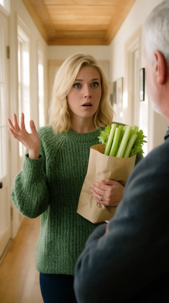 A blonde woman in a green sweater stands in a bright hallway, looking surprised. She holds a paper bag of celery stalks, one hand raised mid-gesture. The back of a gray-haired man's head is in the foreground.