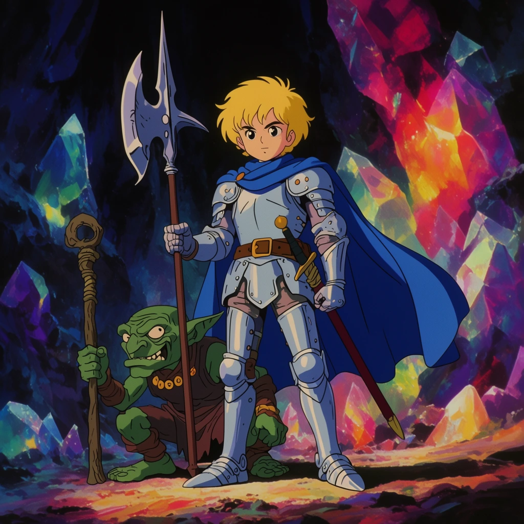 80s anime style, young blonde knight in silver armor and blue cloak holding a halberd, goblin crouching behind with a staff, glowing crystal cavern, dramatic cel-shaded lighting