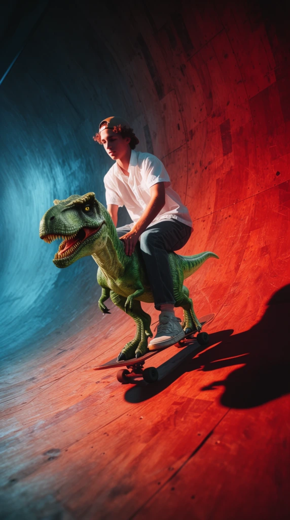 Young man wearing a backward cap and white shirt riding a small realistic green T-Rex dinosaur, dinosaur standing on a skateboard, skating down a wooden halfpipe ramp, dramatic dual-tone lighting, cool cyan blue light on the left, warm fiery red light on the right, deep dark shadow of the rider and dinosaur cast onto the red wood, surreal action photography, high contrast, dynamic composition, surreal juxtaposition