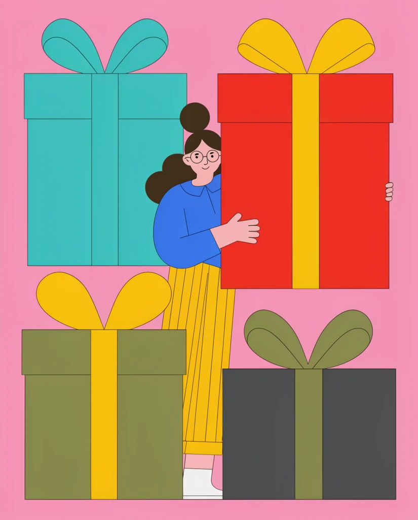 A flat vector illustration of a stylized woman peeking between giant gift boxes against a solid pink background. Wearing glasses, a blue shirt, and yellow-striped pants, she grips a massive red present with a yellow bow. Floating oversized geometric gift boxes in turquoise, olive green, and dark grey with large ribbons surround her, rendered with clean black outlines and vibrant pop colors.