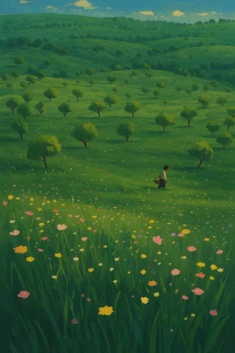 Ethereal Verdant Surrealism style reference image — moody pastoral landscape