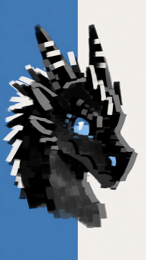 A stylized digital painting depicts a dragon's head in profile, facing right, rendered with thick, rectangular brushstrokes in a palette of black, grey, and white. The dragon's head features two upward-pointing horns adorned with white horizontal stripes and a prominent, spiky mane that fans out from the back of its neck. A singular, glowing light blue eye and a small light blue highlight on the snout provide a sharp contrast against the dark, textured forms of the face. The background is vertically split, with the left half featuring a medium blue field and the right half consisting of an off-white space. In the upper right corner, a small light blue icon composed of a central square surrounded by eight smaller rectangular blocks is visible. At the bottom center, a small signature in dark blue cursive script reads "Remon". The artistic style utilizes a blocky, digital impressionistic technique, where individual strokes remain distinct and geometric, creating a high-contrast and textured appearance against the minimalist, two-tone background.