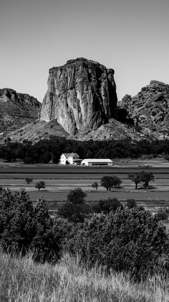 A towering, craggy rock formation dominates a sweeping rural landscape in this high-contrast monochrome photograph. The central butte features steep, textured cliffs with deep vertical crevices, flanked by rugged hills. At their base, a dense band of dark trees shelters a bright white two-story farmhouse and an adjacent long barn. The midground unfolds in horizontal stripes of flat agricultural fields dotted with scattered trees, while the foreground is framed by dense bushes and tall untamed grasses. Striking black and white tones, sharp focus, and a deep depth of field emphasize the stark contrast between sunlit rock faces and deep foliage shadows under a clear, flat sky.