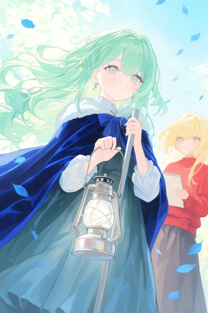 wind-blown mint green haired anime girl in blue velvet cloak holding a silver pole lantern, blonde girl in red sweater holding a sketchbook in background, bright sunny sky, falling blue leaves, digital anime illustration, soft pastel lighting, low angle