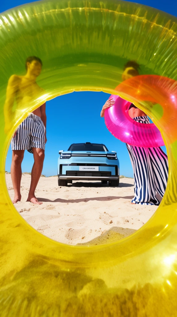 Framed through a translucent yellow inflatable ring, two people stand on a sunny beach. One wears striped shorts; the other in wide striped pants hides behind a bright pink pool ring. A modern light blue SUV sits centrally on the sand against a clear blue sky. Wide-angle, vibrant high-contrast colors.