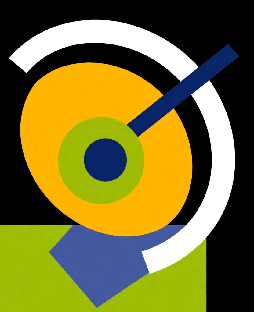 A minimalist graphic poster displays a stylized martini glass with an olive and the word "MARTINI" at the top. The central composition consists of sharp, geometric shapes forming an abstract representation of a cocktail. A thick, white, curved band creates the rim of a martini glass, containing a semi-circular field of golden-yellow liquid. A bright lime-green olive with a dark blue circular center sits at the base of the liquid, skewered by a thin, dark blue diagonal line representing a cocktail pick that enters from the top left and extends toward the bottom right. The background is primarily a solid black field that occupies the upper half and the left side of the frame. Below the glass, blocks of lime-green and dark blue color create a base for the composition. The word "MARTINI" is printed in the upper center in a bold, white, capitalised sans-serif font. The artistic style is flat and minimalist, reminiscent of mid-century modern graphic design, using high-contrast color blocks and simple geometric forms without any shading or three-dimensional rendering.