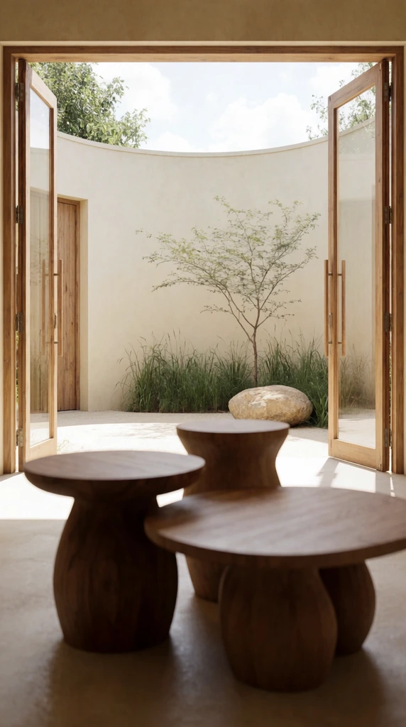Sculptural wooden tables in a blurred foreground lead the eye through wide-open wooden folding doors into a sunlit, semi-circular courtyard. The outdoor space features smooth cream-colored walls, a delicate sparse tree, tall green grasses, and a large stone, all illuminated by bright natural daylight.