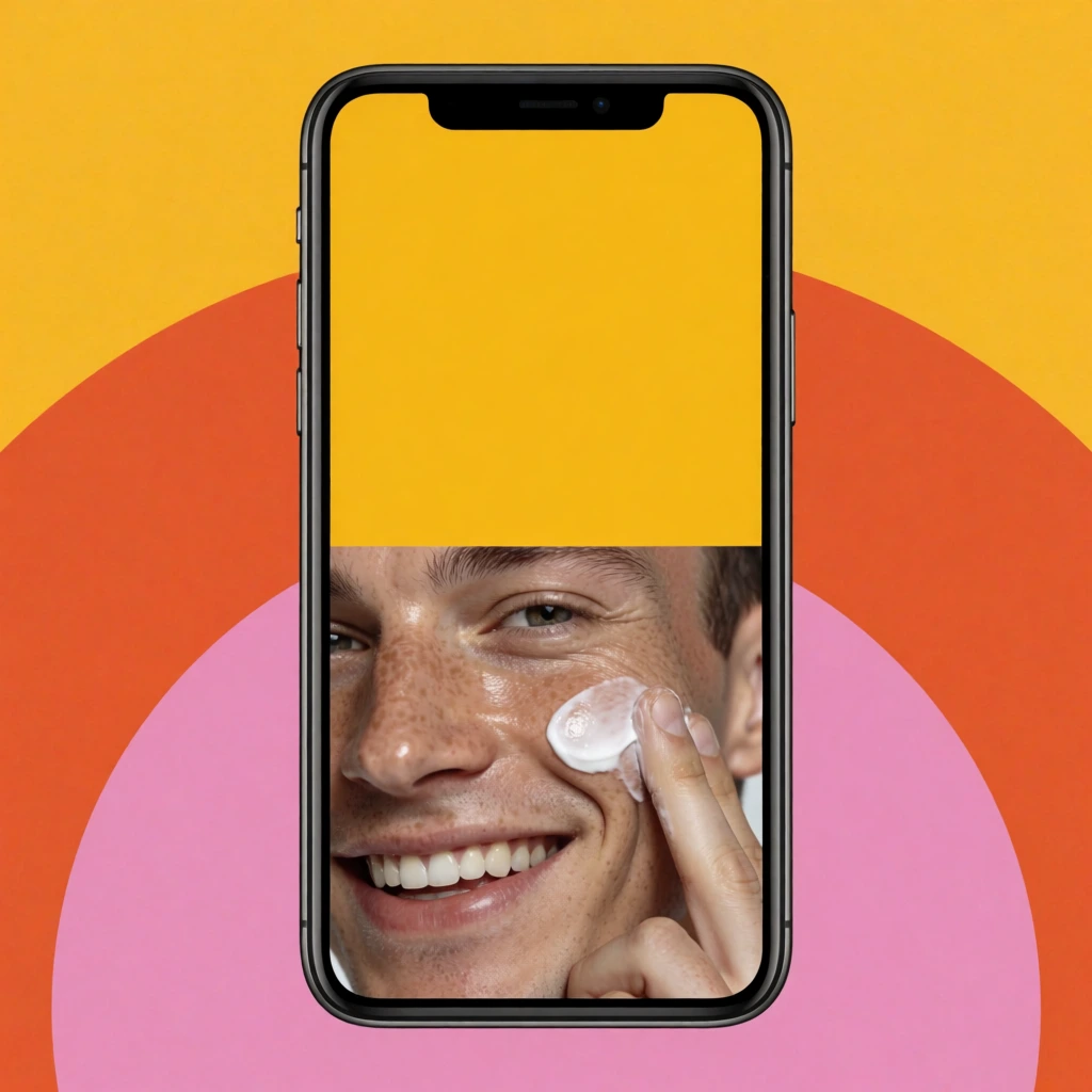 A black-bezeled smartphone displays a split-screen graphic against a background of concentric, curved bands in solid yellow, orange, and pink. The top half of the screen is a flat, solid mustard yellow rectangle. The bottom half features a close-up, high-resolution photograph of a smiling man with light skin and freckles applying white skincare cream to his cheek with two fingers. His bright smile and glossy skin are illuminated by even lighting. The composition contrasts flat geometric background shapes with crisp lifestyle photography enclosed within the sleek digital device.