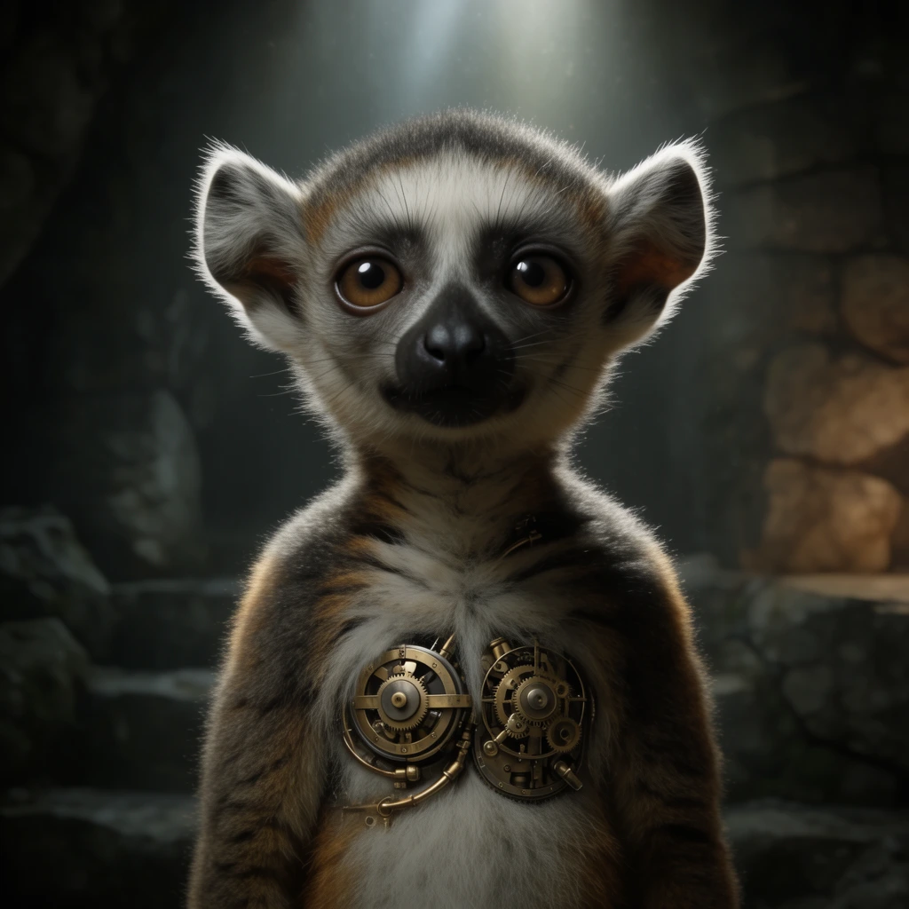 anthropomorphic lemur cub, melancholic eyes, clockwork chest implants, dimly lit stone cavern, overhead cinematic spotlight, rim-lit fur, blurred background, moody atmosphere, highly detailed