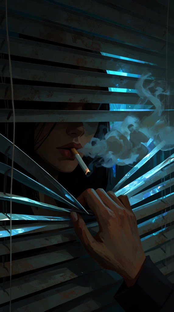 A digital illustration of a woman's hand pulling down a section of rigid, distressed window blinds, revealing her lower face as she smokes a cigarette. The hand, rendered with expressive brushstrokes and gritty earth tones, tightly grips the edge of a bent horizontal slat. Through the angular gap, the woman's mouth and jawline are visible in deep shadow, a glowing cigarette resting between parted lips. Thick, stylized plumes of cigarette smoke billow heavily outward, resembling dense, swirling volumetric clouds. The composition is enveloped in a moody, dark atmosphere characterized by dramatic chiaroscuro lighting. A piercing, icy cyan light slices through the gaps in the blinds, casting intense, saturated cold blue illumination and sharp, crystalline-like highlights along the edges of the slats and the contours of the hand. The aesthetic contrasts a muted color palette of deep slate, charcoal, and warm rusted browns against the striking cyan beams. The artwork features the stylized realism of cinematic concept art, defined by distinct painterly textures, sharp angular geometric forms, and profound atmospheric depth.