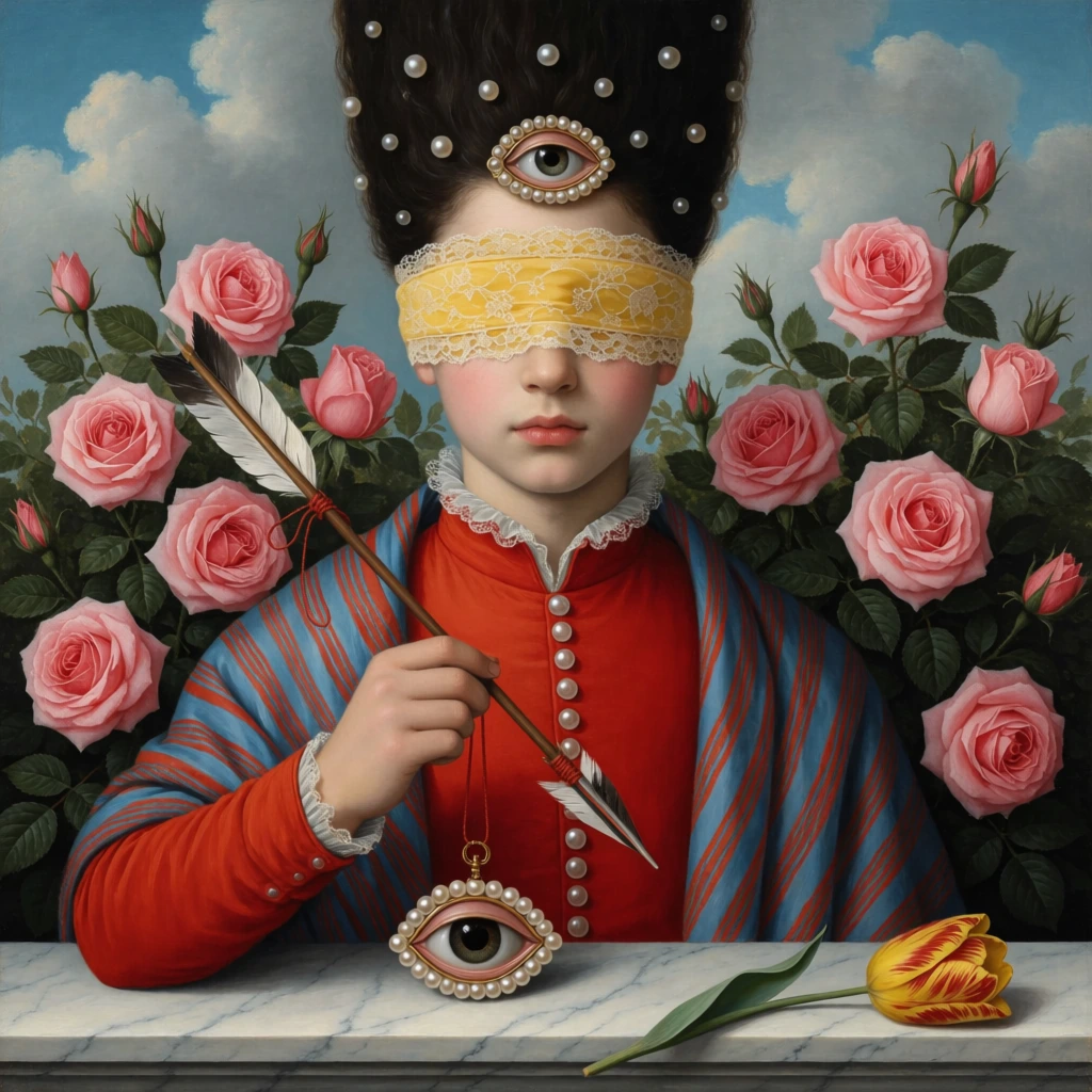 surreal oil painting of a youth wearing a yellow lace blindfold, tall dark hair with scattered pearls and a third eye brooch, bright red tunic with pearl buttons, blue and red striped shawl, holding a feathered arrow tied by red string to a pearl-framed eye pendant, marble ledge with a yellow tulip, backdrop of pink roses and dark green leaves against a cloudy blue sky, Renaissance-inspired surrealism, meticulous detail