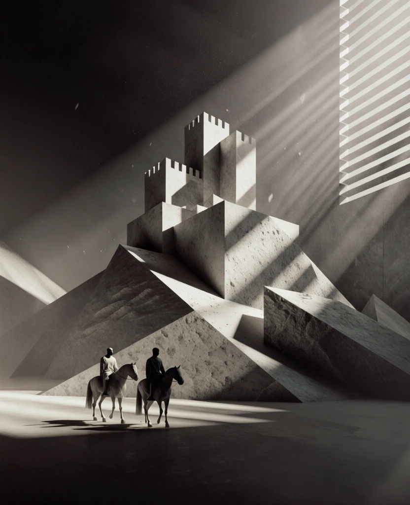 monochromatic brutalist landscape, men on horseback as dark silhouettes in the foreground, minimalist castle atop a monolithic geometric hill, dramatic chiaroscuro with harsh directional slatted light beams, volumetric god rays with floating dust motes, rough-hewn stone textures and pitted concrete surfaces, high-contrast angular shadows, cinematic low-angle framing, desaturated warm-gray palette, moody atmospheric haze, minimalist composition with sharp geometric forms.