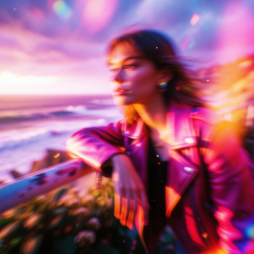 a woman leaning her right arm on a railing looking left toward the ocean, extreme soft focus with heavy motion blur, vibrant palette of neon pink and electric purple with warm orange and yellow light leaks, thick cinematic film grain and digital noise textures, shimmering multicolored bokeh dots scattered across the frame, impressionistic ethereal aesthetic, high saturation, glowing highlights, chromatic aberration, layered psychedelic visual depth, soft dreamlike atmospheric composition.