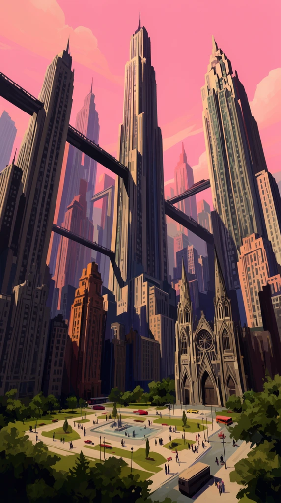 stylized retro-futuristic cityscape, towering art deco skyscrapers, elevated skybridges, gothic cathedral, park plaza, pink sunset sky, deep shadows, flat shaded concept art