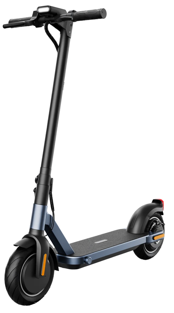 modern electric kick scooter, matte black steering column, metallic blue base and deck frame, textured black footboard, thick solid black rubber tires, handlebar-mounted light module, black rubber grips, folding hinge mechanism, rear wheel fender with red taillight, pure white background, studio product photography, clean lighting, three-quarter angled perspective