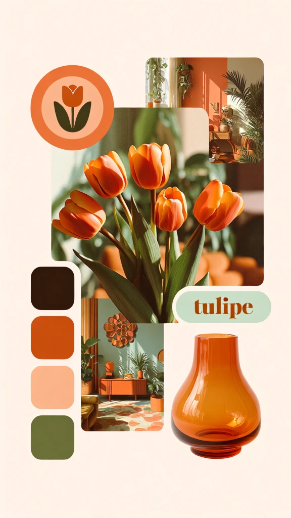 brand mood board collage, bouquet of five vibrant orange tulips in a radial pattern, 70s retro aesthetic, mid-century modern style, overlapping photos of botanical textures and warm interiors, circular graphic icon with a tulip silhouette, column of four rounded color swatches in espresso, burnt orange, peach, and moss green, standalone amber glass vase, pale cream background, vintage serif typography reading "tulipe" in a mint green capsule, grainy film texture, warm studio lighting.